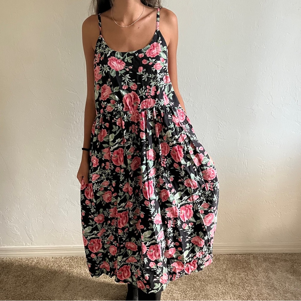 Vintage 1990s Jennifer Moore Floral Print Maxi Dress Grunge Style with Pockets